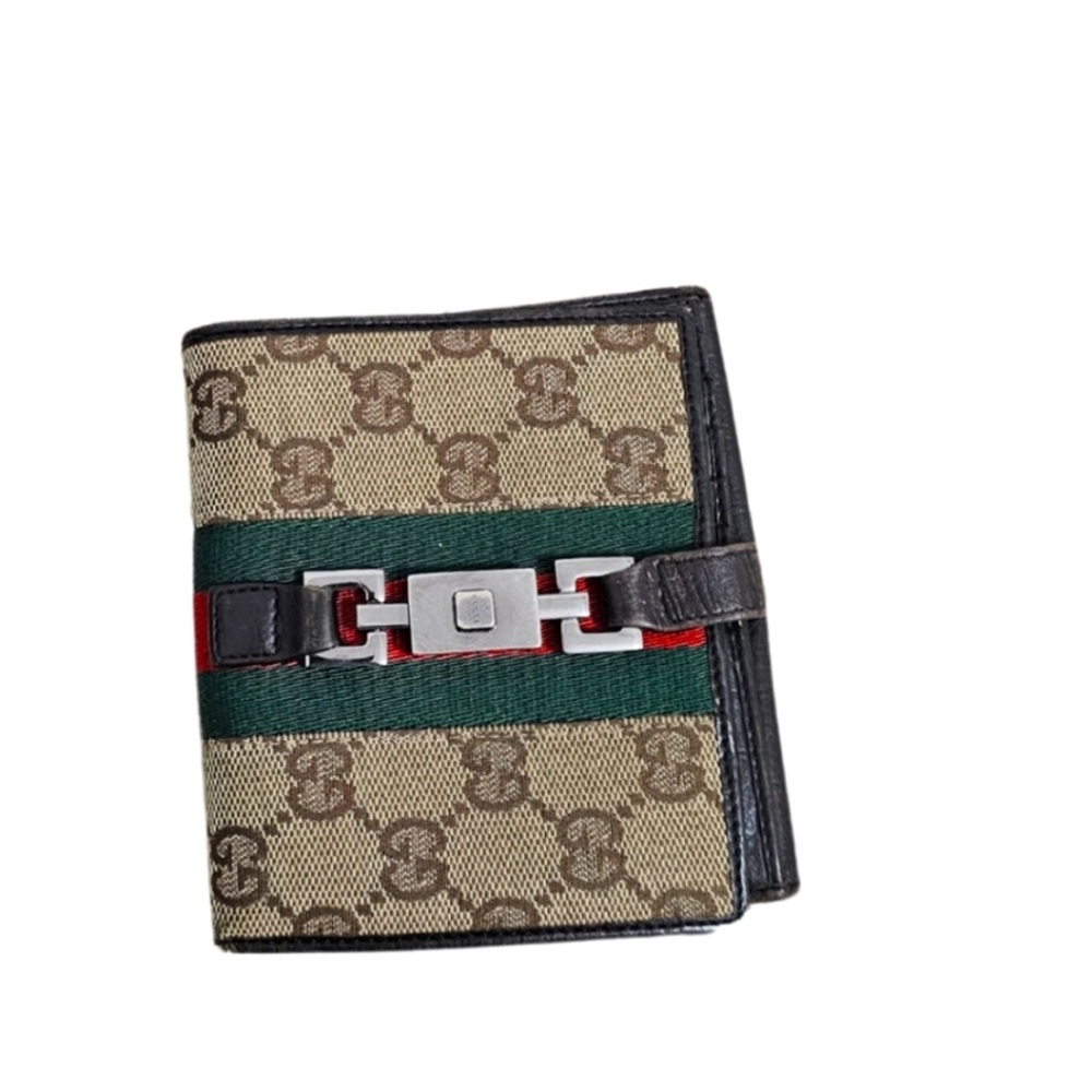 Gucci Tan and Dark Brown Monogram Wallet with Red and Green Accent